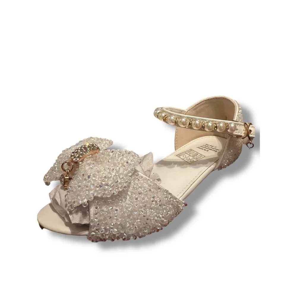 NIB SaiBeiji Kids Girls White Sparkle Bow Pearl Strap Dress Shoes Sz 11.5